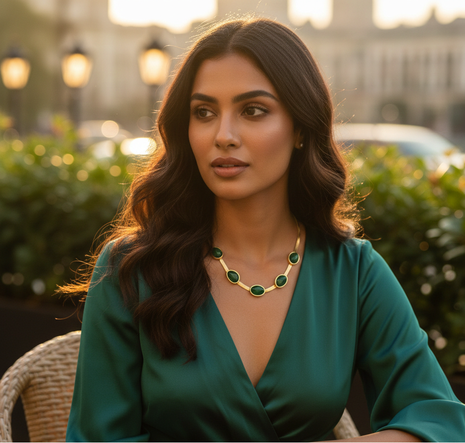 Oval Green Crystal Pendant Necklace Set With Bracelet