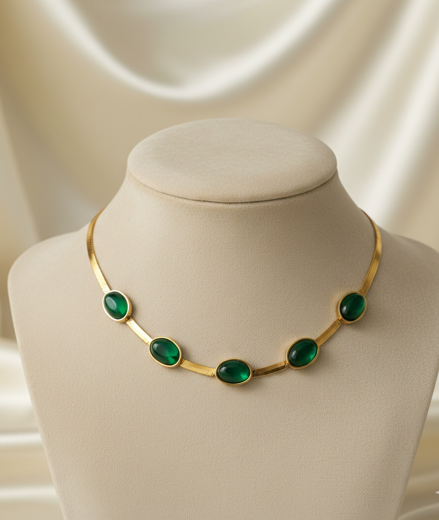Oval Green Crystal Pendant Necklace Set With Bracelet